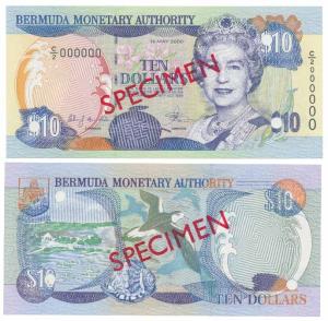 Bermuda, 10 Dollars, Specimen overprint in red on both sides, cancellation punch holes in 