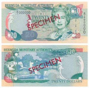 Bermuda, 20 Dollars, Specimen overprint in red on both sides, cancellation punch holes in 