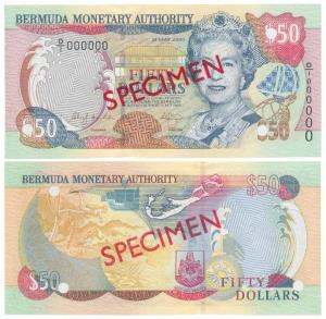 Bermuda, 50 Dollars, Specimen overprint in red on both sides, cancellation punch holes in 