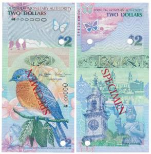 Bermuda, 2 Dollars, Specimen overprint in red on both sides, Bluebird perched on a branch,