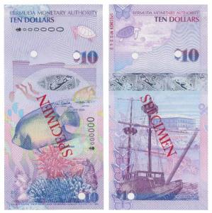 Bermuda, 10 Dollars, Specimen overprint in red on both sides, Blue Angel Fish, 2009, two c