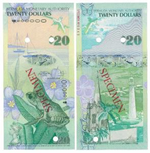 Bermuda, 20 Dollars, Specimen overprint in red on both sides, Whistling Frog, 2009, two ca