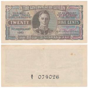 Ceylon, George VI, 25 Cents, 1st February 1942, Uniface (KM 44). Very Fine.