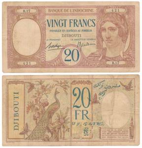 Djibouti, 20 Francs, rev. a nice peacock with butterflies, 1926 to 1938 issue. Fine+, Scar