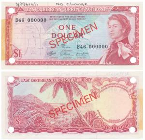 East Caribbean, Elizabeth II, 1 Dollar, 1965 ND, Specimen red overprint on both sides, can