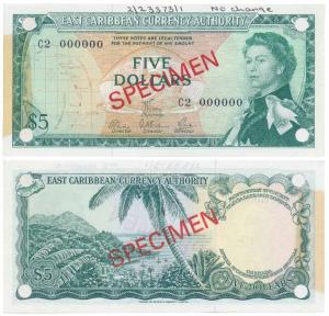 East Caribbean, Elizabeth II, 5 Dollars, Specimen red overprint on both sides, green on mu