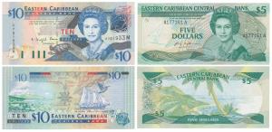 East Caribbean, Elizabeth II, 10 Dollars, ND 1993; 5 Dollars, ND 1985-87 (KM 27 & 18). Unc