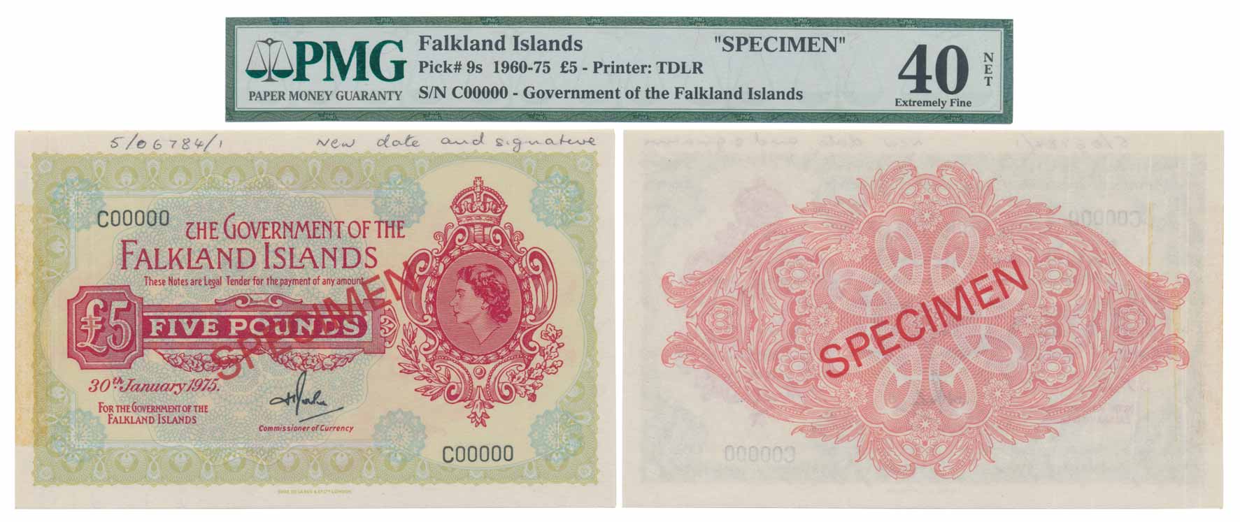 Falkland Islands, Elizabeth II, Specimen, 1960-75, 30th January 1975, red on green underpr