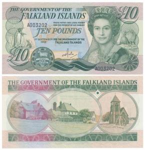 Falkland Islands, Elizabeth II, 10 Pounds, 1986, and seals at right, king penguins and shi
