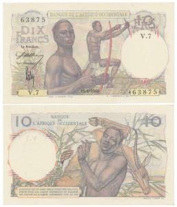 French West Africa, 10 Francs, 1946-1954 (KM 37). Uncirculated.