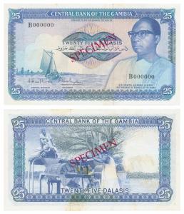 Gambia, 25 Dalasis, 1972-83 ND, Specimen overprint in red, watermark Crocodiles head, (KM 
