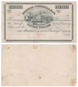 Mauritius Commercial Bank, 15 Dollars, Progressive Proof on Card. Fine+, hole at bottom, R