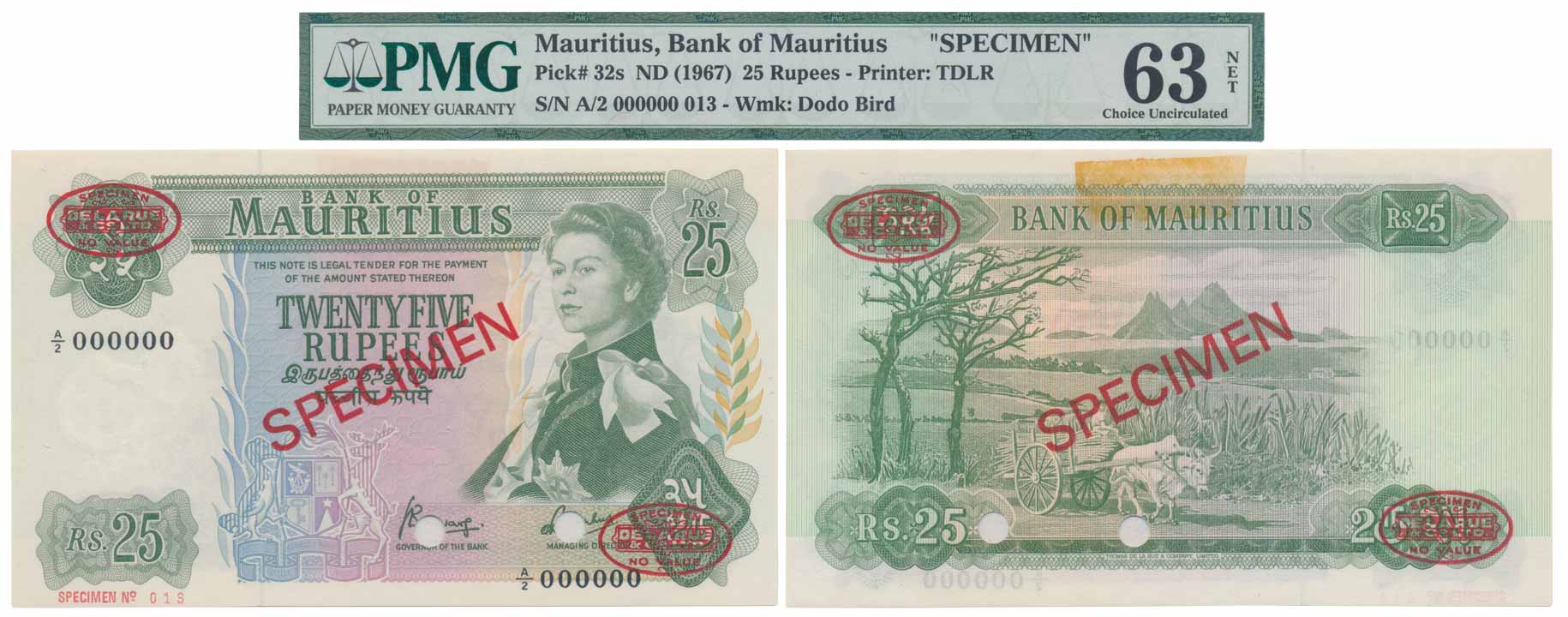 Mauritius, Elizabeth II, Specimen, Rupees 25, 1967 ND, green on multi colour underprint, S