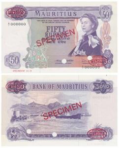 Mauritius, Elizabeth II, Specimen, Rupees 50, 1967 ND, green on multi colour underprint, S