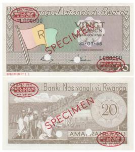 Rwanda, Bank of Rwanda, 20 Francs, SPECIMEN Delaru & Co. Ltd. overprint in red, with two c