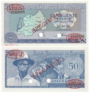 Rwanda, Bank of Rwanda, 50 Francs, SPECIMEN Delaru & Co. Ltd. overprint in red, with two c