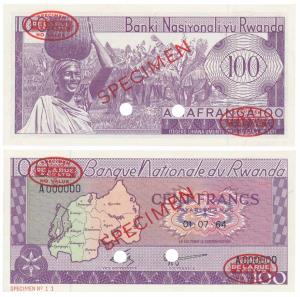 Rwanda, Bank of Rwanda, 100 Francs, SPECIMEN Delaru & Co. Ltd. overprint in red, with two 