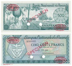 Rwanda, Bank of Rwanda, 500 Francs, SPECIMEN Delaru & Co. Ltd. overprint in red, with two 