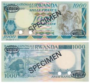 Rwanda, Bank of Rwanda, 1000 Francs, SPECIMEN Delaru & Co. Ltd. overprint in black, with t
