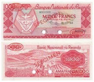Rwanda, Bank of Rwanda, 1000 Francs, SPECIMEN Delaru & Co. Ltd. overprint in red, with two