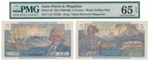 Saint Pierre & Miquelon, 5 Francs, ND 1950-60, watermark Sailing Ship (Pick 22). Graded by