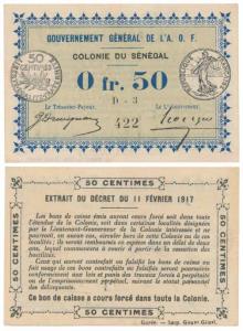 Senegal, 0.50 Franc / 50 Centimes, 11 February 1917 (KM 1). Extremely Fine, Rare.