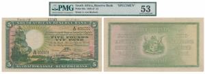 South Africa, 5 Pounds, 1929-47, SPECIMEN, watermark J. Van Riebeek (Pick 86s). Graded by 