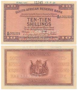South Africa, 10 Shillings, 1928-47 issue, 2 November 1937, dark brown on pink and pale gr