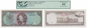 Trinidad & Tobago, Elizabeth II, Color Trial, Specimen, 5 Dollars, 1964, hole punch Cancel