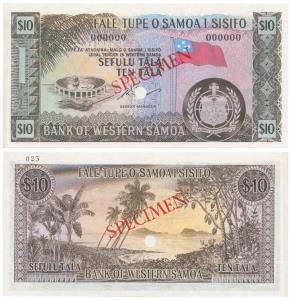 Western Samoa, 10 Tala, Specimen red overprint on both sides, 1967 ND, with cancellation p