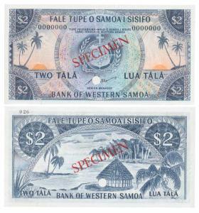 Western Samoa, 2 Tala, Specimen red overprint on both sides, 1967 ND, with cancellation pu