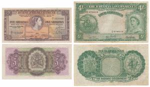 Bermuda, Elizabeth II, 5 Shillings, 1st May 1957 (KM 18); Bahamas, Elizabeth II, 4 Shillin