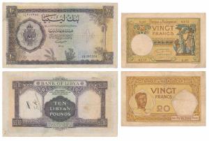 Libya, 10 Pounds, First Issue, 1963, watermark coat of arms (KM 27); Madagascar, 20 Francs