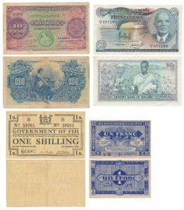 Malawi, 50 Tambala, 1982, watermark Rooster; Fiji, 1 Shilling, 1942 Emergency Issue, Unifa