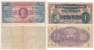 Malta, George VI, 1 Shilling; East Africa, George VI, 1 Shilling, Nairobi, 1943, (KM 27). 