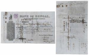 Bank of Bengal, one share of 1000 Government Rupees, 1875. With 1 Anna Victoria revenue st