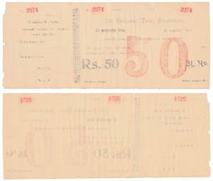 The Jhalawad Bank, Dhrangadra, an unused cheque of Rupees 50. Unused, tear at top, Very Fi