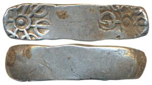 Archaic Punch Marked Coinage, attributed to Gandhara Janapada, Bent Bar, Silver 5 Shana, 1