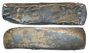 Archaic Punch Marked Coinage, attributed to Gandhara Janapada, Bent Bar, Silver 5 Shana, 1