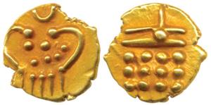 Cochin Gold Fanam, 0.37g, obv. three rows of dots, rev. stylized Kali. Extremely Fine.