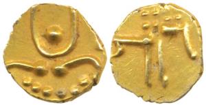 Cochin, Gold Fanam, 0.40g, obv. astylised animal, rev. stylized Kali. Extremely Fine.