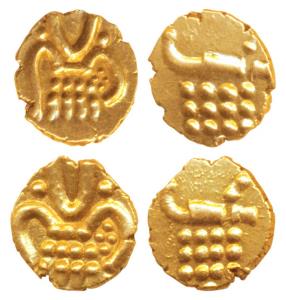 Veera Raya, Coorg, Gold Fanam (2), obv. stylized lion standing right with crescent above; 