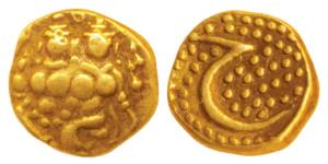 Haider Ali (AH 1174-1197; 1761-1782 AD), Gold Fanam, 0.41g, obv. Shiva and Parvati, rev. P