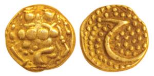 Haider Ali, Gold Fanam, 0.39g, obv. Shiva and Parvati, rev. Persian letter ‘He’ on a granu