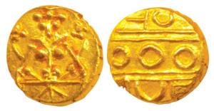 Krishna Raja Wodeyar (AH 1225-1285, 1810-1868 AD), Gold Fanam, 0.39g, obv. Seated Narasimh