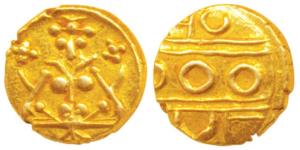 Krishna Raja Wodeyar, Gold Fanam, 0.39g, obv. Seated Narasimha, rev. Kanarese legend Kauth