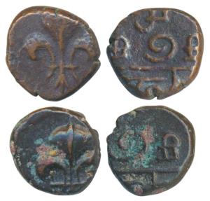 Pondicherry Mint, Copper Doudou (2), each 4g, obv. fleur-de-lis, rev. mint name in tamil, 