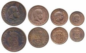 Carlos, Copper ½, ¼, 1/8 and 1/12 Tanga, 1901 and 1903. The first Very Fine, the rest Extr