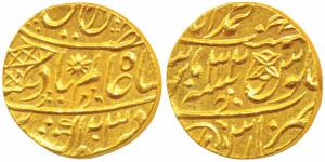 Muhammadabad Banaras Mint, Gold Mohur, 10.8g, in the name of Shah Alam II, fish, sun-burst