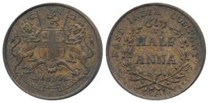 Copper ½ Anna, 1835, Bombay Mint, obv. coat of arms of the EIC and date below, rev. value 